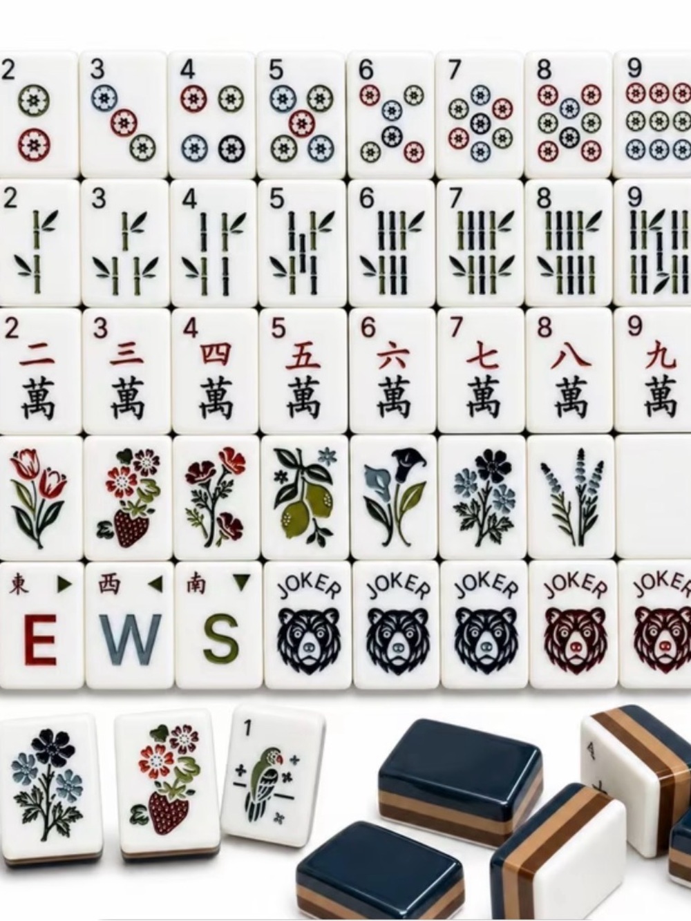 Classic Mahjong Set Tiles in White with Rich Colored Designs